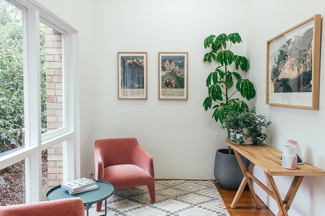 soggiorno con grande finestra poltroncine rosa tavolino verde e grande pianta verde in un angolo