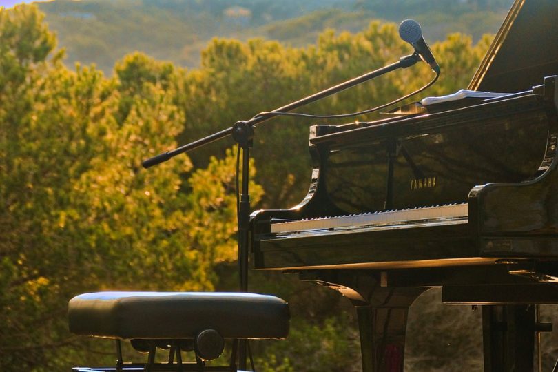 pianoforte nero di fronte agli alberi