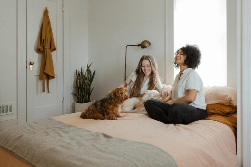 due ragazze sedute sul letto con un cane