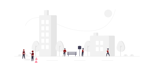 disegno stilizzato di una città con persone che camminano