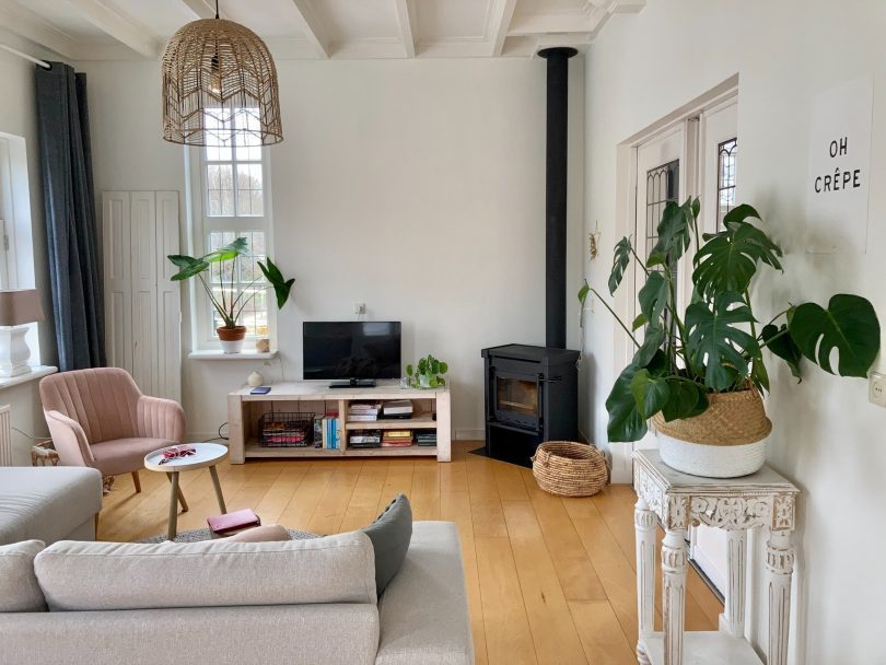 soggiorno di appartamento con parquet divano e piante
