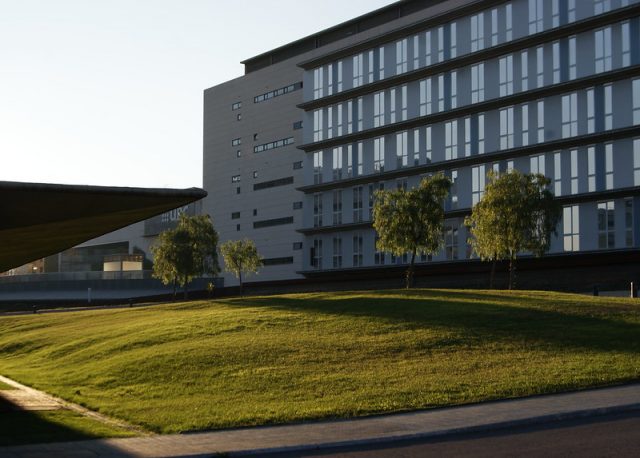 prato verde davanti a edificio moderno grigio con finestre