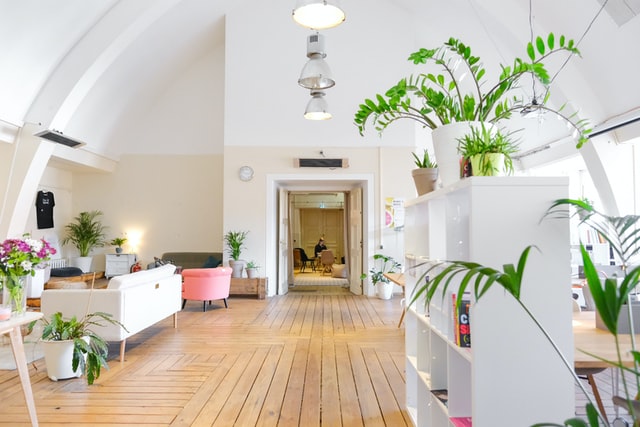 stanza bianca con soffitto a volta parquet mobili bianchi e piante verdi