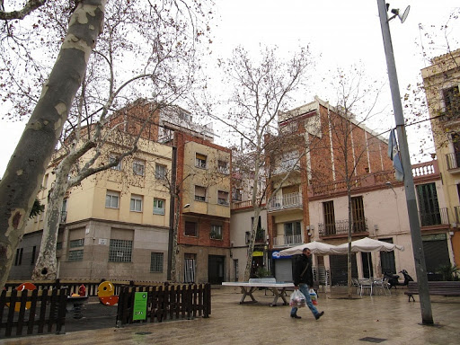 piazza con alberi ed edifici di mattoni con pioggia