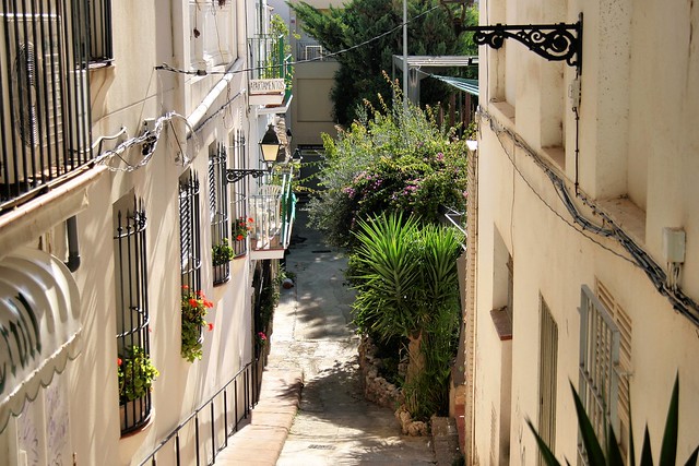 strada pedonale tra edifici bianchi e piante